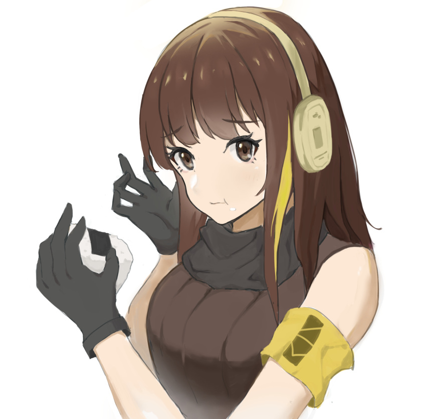 1girl absurdres azukaze black_gloves black_shorts breasts brown_eyes brown_hair closed_mouth eyebrows_visible_through_hair feet_out_of_frame girls_frontline gloves green_shirt grey_background hand_on_back hand_on_breast highres long_hair looking_at_viewer m4a1_(girls_frontline) medium_breasts multicolored_hair navel open_clothes open_shorts shirt shorts solo