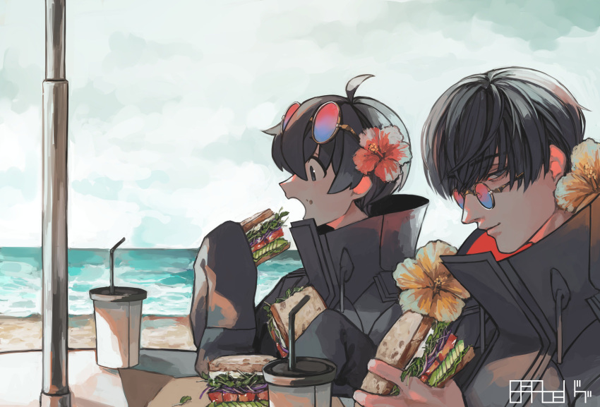 2boys absurdres ahoge bangs beach black_coat black_hair clouds cloudy_sky coat commentary cup day disposable_cup drinking_straw eating eyebrows_visible_through_hair eyewear_on_head fatalbug896 flower food food_on_face from_side german_commentary hair_flower hair_ornament hibiscus high_collar highres holding holding_food light_smile looking_at_viewer male_focus multiple_boys nichts_(fatalbug896) ocean open_mouth original outdoors profile red_flower round_eyewear sandwich short_hair sideways_glance sitting sky sleeves_past_fingers sleeves_past_wrists sunglasses table turtleneck two-sided_fabric upper_body water wille_(fatalbug896) yellow_flower