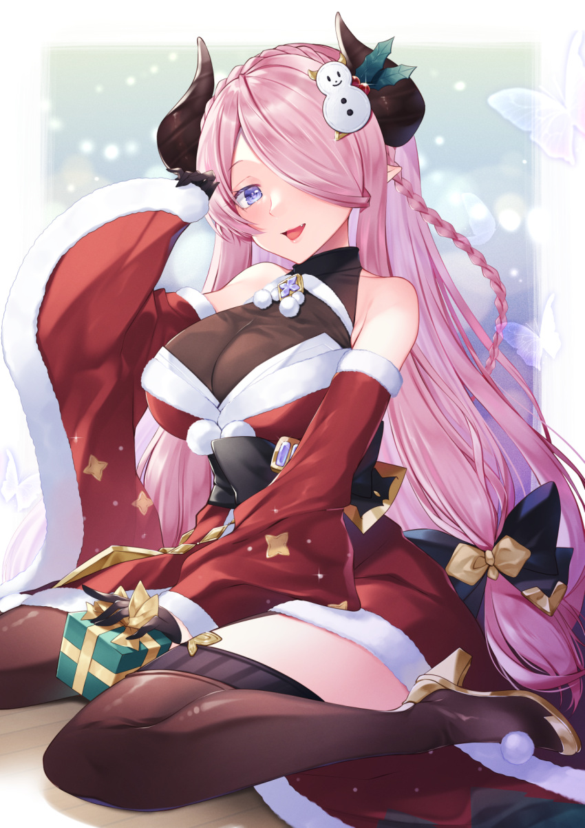 1girl :d bare_shoulders belt between_fingers black_gloves blue_eyes blurry blurry_background bow box braid breasts brown_legwear bug butterfly christmas crown_braid detached_sleeves draph fang feet_out_of_frame fur_trim gift gift_box gloves granblue_fantasy hair_bow hair_ornament hair_over_one_eye hand_up heart high_heels highres holly_hair_ornament horns kaede_(mmkeyy) large_breasts long_hair looking_at_viewer low-tied_long_hair low_tied_hair narmaya_(granblue_fantasy) one_eye_covered pink_hair pointy_ears pom_pom_(clothes) santa_dress sash side_braid sitting skin_tight sleeves_past_wrists smile snowman_hair_ornament solo thigh-highs transparent_butterfly very_long_hair wariza white_background yellow_footwear
