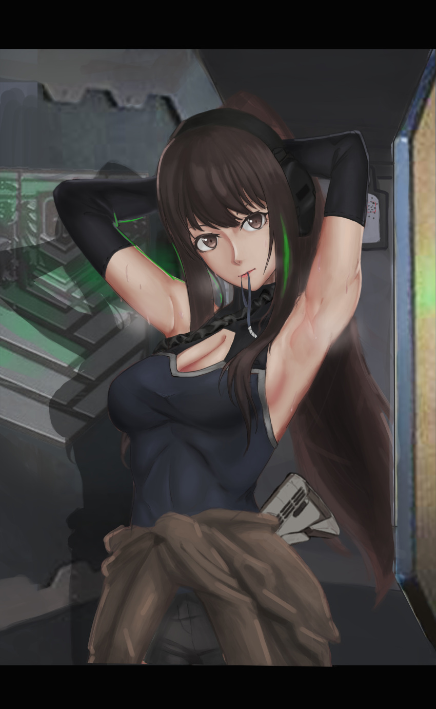 1girl absurdres black_gloves black_shorts breasts brown_eyes brown_hair closed_mouth eyebrows_visible_through_hair feet_out_of_frame g&amp;k-cmdr girls_frontline gloves green_shirt grey_background hand_on_back hand_on_breast highres long_hair looking_at_viewer m4a1_(girls_frontline) medium_breasts multicolored_hair navel open_clothes open_shorts shirt shorts solo