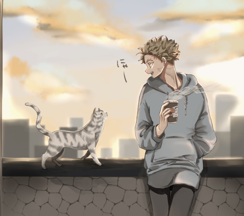 absurdres barururunru blonde_hair boku_no_hero_academia cat cityscape coffee_cup cup disposable_cup eye_contact facial_hair hawks_(boku_no_hero_academia) highres hood hoodie leaning_on_object long_sleeves looking_at_another scar scar_on_neck short_hair skyline steam stone_wall wall