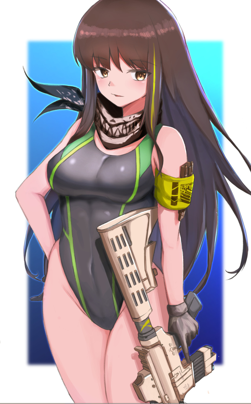 1girl absurdres black_gloves black_shorts breasts brown_eyes brown_hair closed_mouth eyebrows_visible_through_hair feet_out_of_frame girls_frontline gloves green_shirt grey_background hand_on_back hand_on_breast highres long_hair looking_at_viewer m4a1_(girls_frontline) medium_breasts multicolored_hair navel omurainu open_clothes open_shorts shirt shorts solo swimsuit