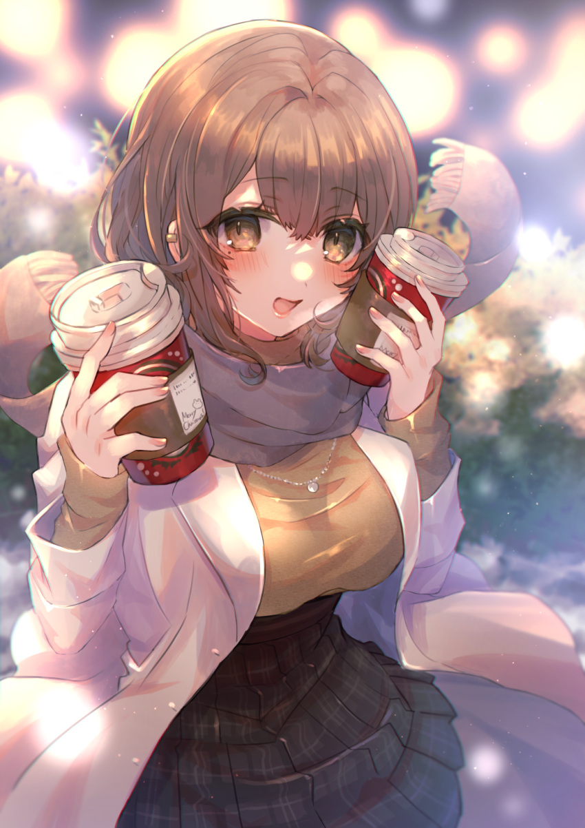 1girl :d bangs black_skirt blurry blurry_background blush breasts brown_eyes brown_hair brown_shirt coffee_cup commentary_request cup depth_of_field disposable_cup eyebrows_visible_through_hair fringe_trim grey_scarf hair_between_eyes hands_up highres holding holding_cup jacket long_sleeves looking_at_viewer medium_breasts merry_christmas open_clothes open_jacket original pleated_skirt scarf shikino_yuki shirt skirt sleeves_past_wrists smile solo white_jacket