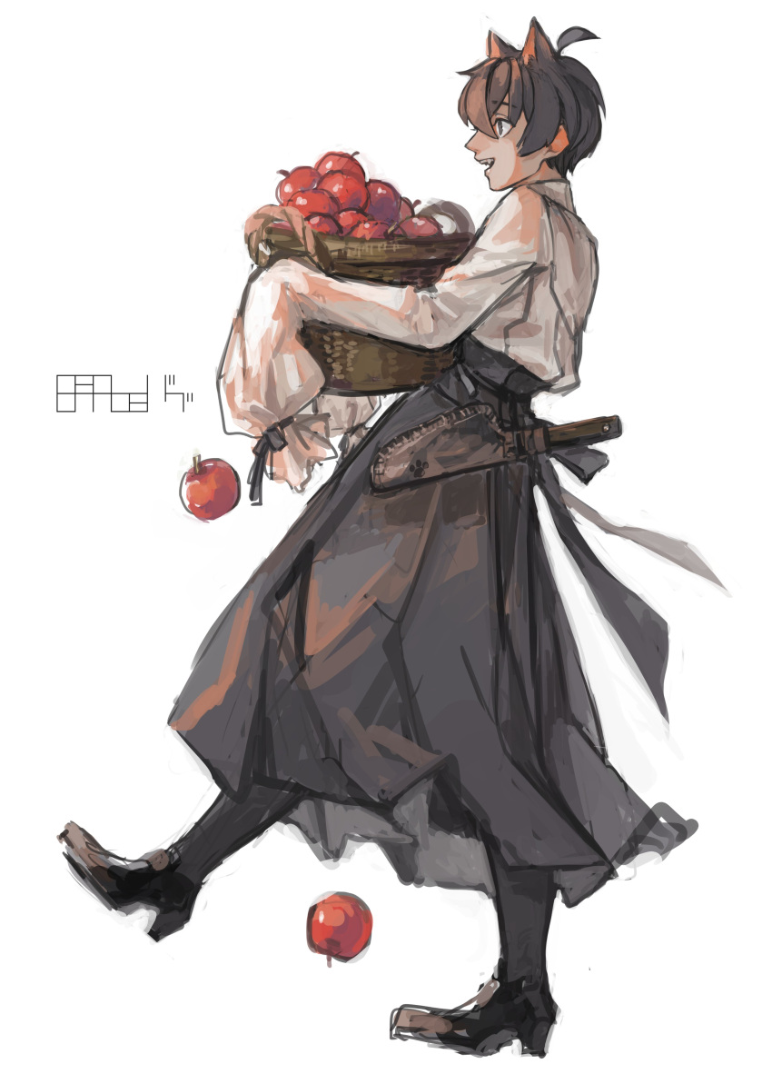 1boy :d absurdres ahoge animal_ears apple bangs basket black_eyes black_footwear black_hair black_hakama cat_ears commentary fatalbug896 food from_side fruit full_body hakama hakama_skirt high_heels highres holding holding_basket japanese_clothes knife knife_holster looking_away male_focus open_mouth original paw_print profile red_apple shirt shoes short_hair signature simple_background skirt sleeves_past_fingers sleeves_past_wrists smile solo standing symbol-only_commentary tied_sleeves walking white_background white_shirt wille_(fatalbug896)