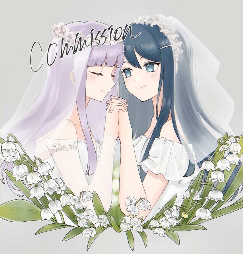 2girls bangs bare_shoulders black_hair blue_eyes blunt_bangs blush closed_eyes closed_mouth commentary_request commission cropped_torso danganronpa:_trigger_happy_havoc danganronpa_(series) dbals0807 dress eyebrows_visible_through_hair facing_another flower grey_background hair_flower hair_ornament hairclip highres kirigiri_kyouko long_sleeves looking_at_another maizono_sayaka multiple_girls see-through_sleeves short_sleeves simple_background smile veil wedding_dress white_dress white_flower wife_and_wife yuri