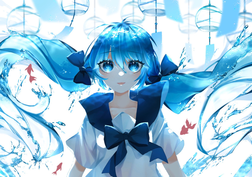 1girl artist_name blue_eyes blue_hair bottle_miku bow commentary fish goldfish hair_between_eyes hatsune_miku highres long_hair looking_at_viewer shio_28 short_sleeves solo twintails upper_body vocaloid water white_background wind_chime