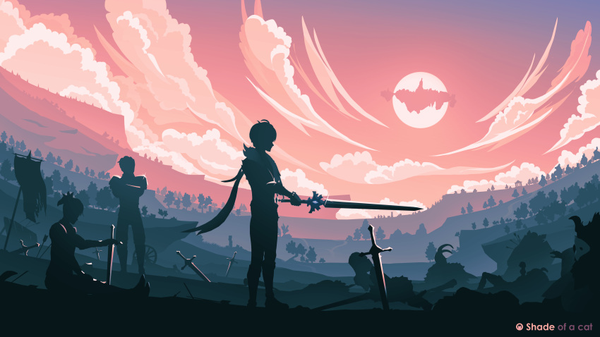 1boy 2others absurdres arrow_(projectile) banner battlefield boots clouds floating_island genshin_impact highres hilichurl_(genshin_impact) kaeya_(genshin_impact) multiple_others scenery shade_of_a_cat short_hair signature silhouette sky standing sun tree