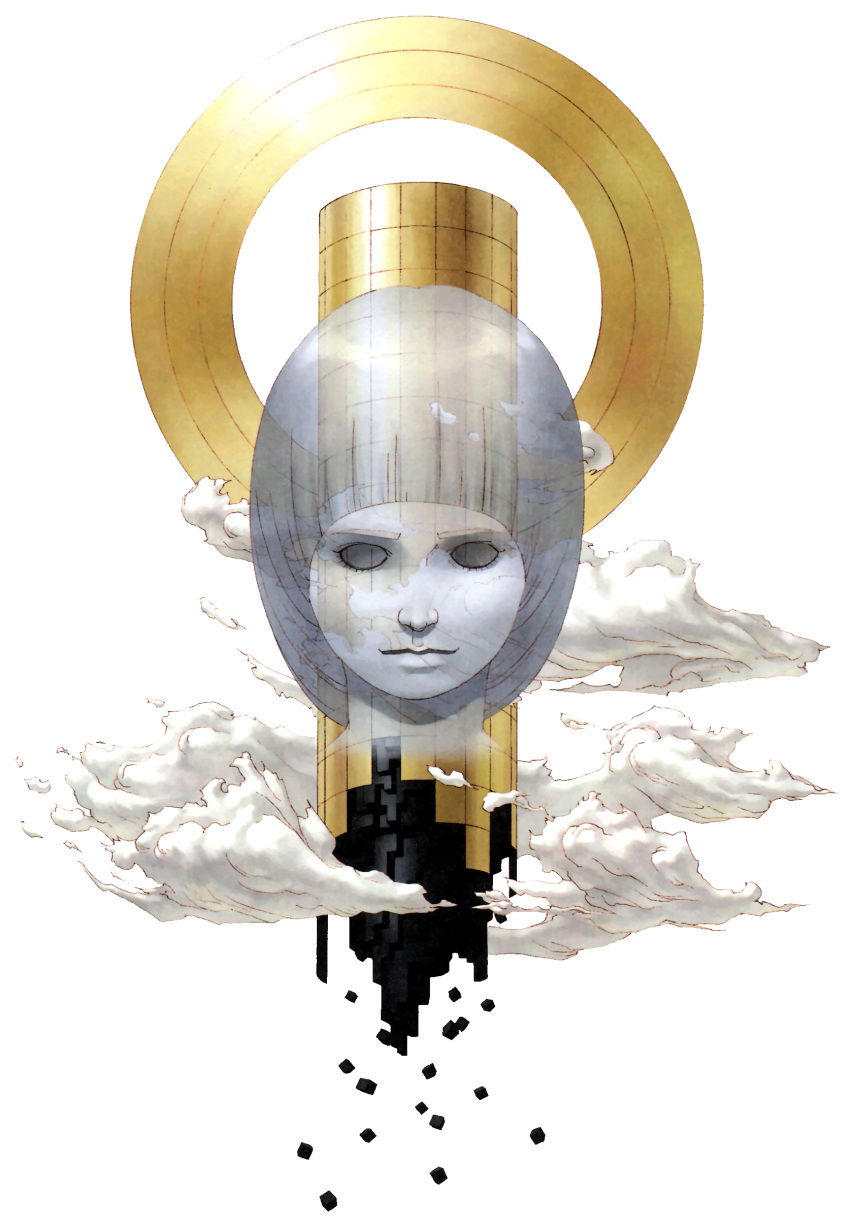 1boy absurdres babel_(megami_tensei) blank_eyes bob_cut child clouds colored_skin cube full_body ghost grey_hair grey_skin halo highres kazuma_kaneko looking_at_viewer megami_ibunroku_devil_survivor official_art scan see-through shin_megami_tensei solo third-party_source tower transparent_background