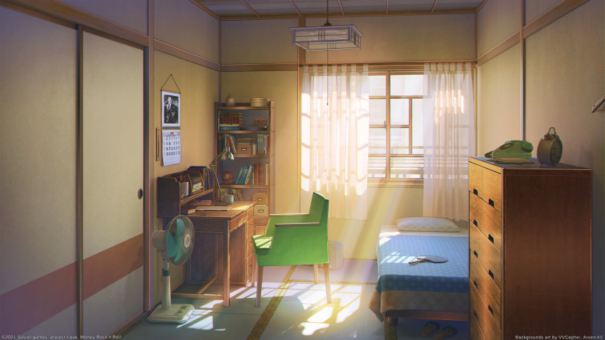 alarm_clock arsenixc bed bedroom blanket cabinet calendar_(object) city clock day desk door electric_fan highres indoors original paddle phone pillow scenery shelf signature sunlight table_tennis_paddle window