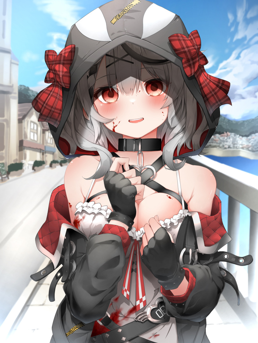 1girl absurdres bangs bare_shoulders black_collar black_gloves black_hair black_jacket blood blood_on_breasts blood_on_clothes blood_on_face blush bow breasts collar commentary_request day fingerless_gloves gloves hair_ornament hands_up highres hololive hood hood_up jacket large_breasts long_sleeves looking_at_viewer medium_hair multicolored_hair off_shoulder open_clothes open_jacket outdoors parted_lips pepushi_drow plaid plaid_bow red_bow red_eyes sakamata_chloe shirt silver_hair smile solo streaked_hair teeth upper_body upper_teeth virtual_youtuber white_shirt x_hair_ornament