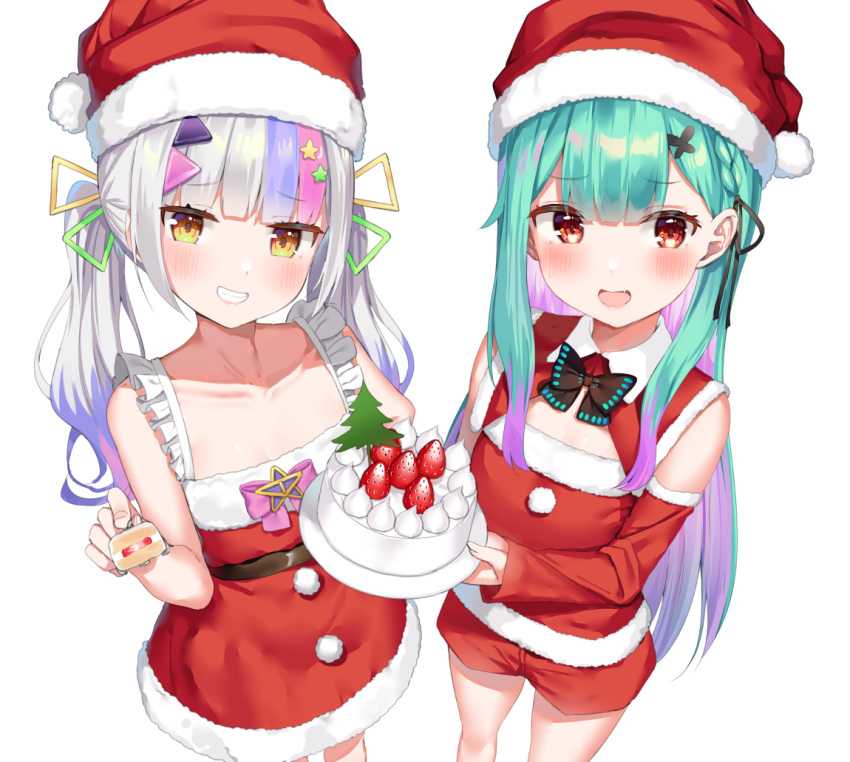 2girls :d bangs black_bow black_bowtie blonde_hair blush bow bowtie cake colored_inner_hair commentary_request commission detached_sleeves dress eyebrows_visible_through_hair food fork fur-trimmed_dress fur_trim green_hair grin hair_behind_ear hair_ribbon hat holding holding_fork holding_plate hololive incoming_food k_mugura long_hair long_sleeves looking_at_viewer multicolored_hair multiple_girls murasaki_shion pink_hair pixiv_request plate purple_hair red_dress red_eyes red_shorts ribbon santa_costume santa_hat shorts silver_hair simple_background sleeveless sleeveless_dress smile standing streaked_hair twintails uruha_rushia very_long_hair white_background