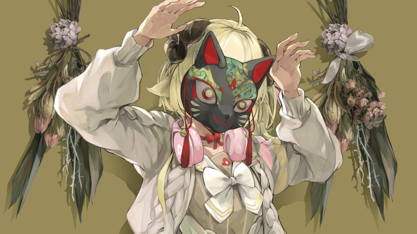 1girl absurdres ahoge animal_ears arms_up blonde_hair bow bowtie brown_shirt cardigan cat_mask choker commentary_request headphones headphones_around_neck highres hololive horns long_hair long_sleeves mask open_cardigan open_clothes phony_(cevio) red_choker sheep_ears sheep_girl sheep_horns shirt solo tsumeki tsunomaki_watame upper_body virtual_youtuber white_bow white_bowtie white_cardigan