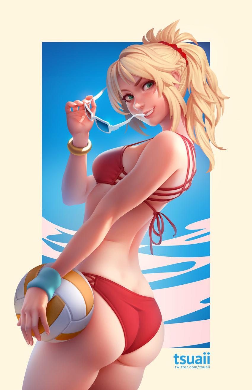 1girl ass bikini blonde_hair blush bracelet braid breasts commentary commission cowboy_shot day english_commentary fate/apocrypha fate/grand_order fate_(series) from_behind green_eyes highres jewelry legs_together lips long_hair looking_at_viewer looking_back medium_breasts mordred_(fate) mordred_(swimsuit_rider)_(fate) parted_lips photoshop_(medium) ponytail red_bikini smile solo standing string_bikini sunglasses swimsuit teeth tsuaii volleyball