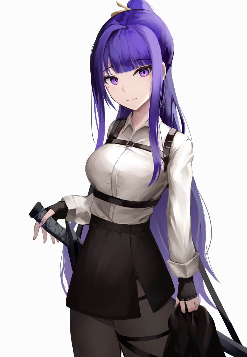 1girl absurdres alternate_costume black_gloves black_legwear black_skirt breasts chest_strap eyebrows_visible_through_hair fingerless_gloves genshin_impact gloves hair_ribbon highres holding holding_sword holding_weapon katana large_breasts long_hair long_sleeves looking_away mea_(hwaksal) nail_polish ponytail purple_hair purple_nails raiden_shogun ribbon sheath sheathed shirt shoulder_strap skirt standing sword thigh_strap violet_eyes weapon white_background white_shirt