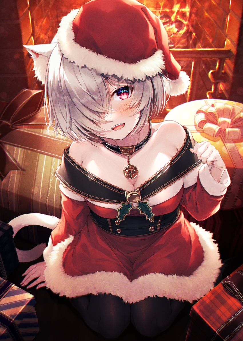 1girl absurdres animal_ear_fluff animal_ears bangs bare_shoulders bell black_collar black_legwear blush box breasts cat_ears cat_tail christmas collar commentary_request dress eyebrows_visible_through_hair fire fireplace fur-trimmed_dress fur_trim gift gift_box hair_over_one_eye hasumi_(hasubatake39) hat highres indoors jingle_bell kuon_(hasumi_(hasubatake39)) long_sleeves looking_at_viewer medium_breasts neck_bell open_mouth original pantyhose pink_eyes red_dress santa_costume santa_hat short_hair silver_hair sitting smile solo tail teeth upper_teeth