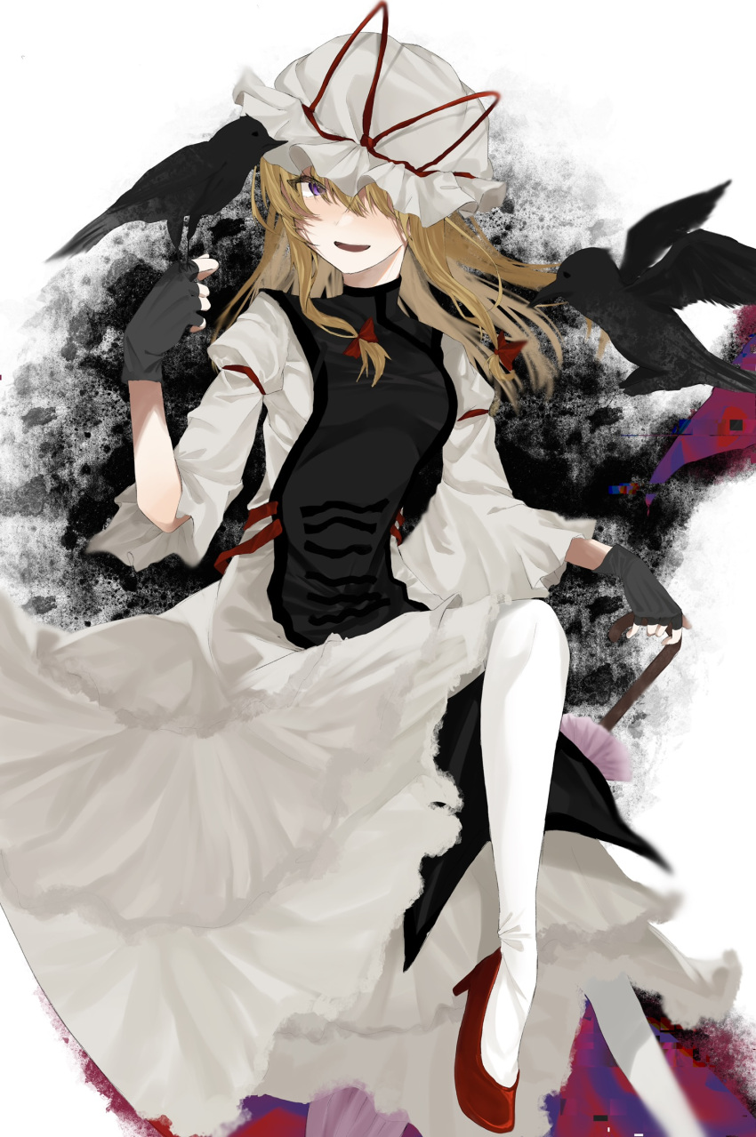 1girl alternate_color alternate_hair_length alternate_hairstyle arm_strap artist_request bird bird_on_hand black_gloves black_tabard blonde_hair bow closed_umbrella crow darkness dress fingerless_gloves floating full_body gap_(touhou) gloves hair_bow hair_over_one_eye hand_up hat hat_ribbon high_heels highres long_hair long_sleeves red_bow red_footwear red_ribbon ribbon simple_background smile solo touhou umbrella violet_eyes white_background white_dress white_headwear white_legwear wide_sleeves wind yakumo_yukari