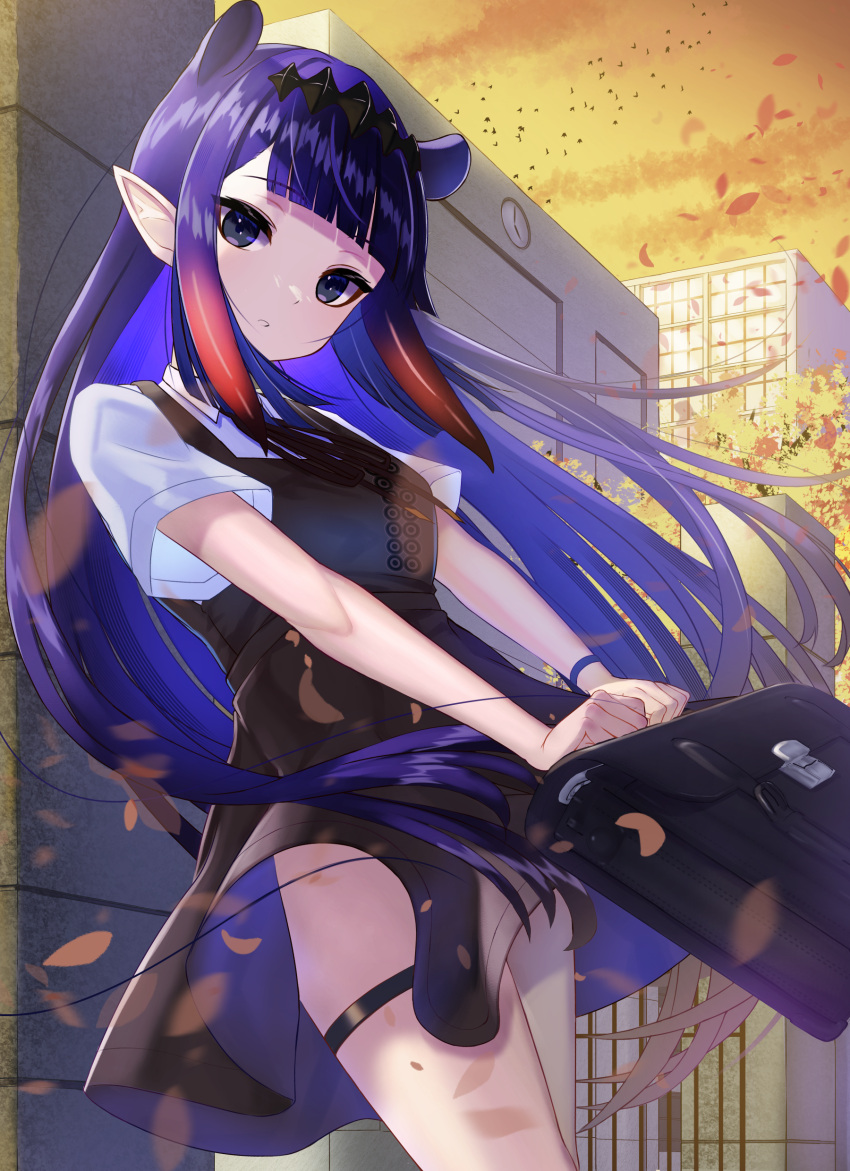 1girl absurdres bag bangs black_dress black_eyes blunt_bangs commentary_request cowboy_shot dress eyebrows_visible_through_hair floating_hair gradient_hair highres holding holding_bag hololive hololive_english inari_(ambercrown) long_hair looking_at_viewer multicolored_hair neck_ribbon ninomae_ina'nis outdoors parted_lips petals pointy_ears purple_hair redhead ribbon shirt short_sleeves solo standing thigh_strap very_long_hair virtual_youtuber white_shirt window wristband