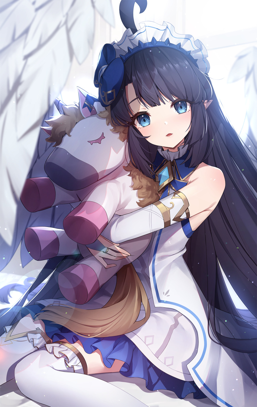 1girl ahoge ankkoyom armlet bangs bare_shoulders black_hair blue_bow blue_eyes blurry blush bow bridal_gauntlets brooch depth_of_field detached_sleeves dress feathered_wings feet_out_of_frame frilled_dress frilled_hairband frilled_legwear frills hair_bow hairband highres huge_ahoge jewelry light_particles long_hair object_hug panilla_the_revival parted_lips sidelocks sitting solo straight_hair stuffed_horse thigh-highs very_long_hair wariza white_dress white_legwear white_wings wings