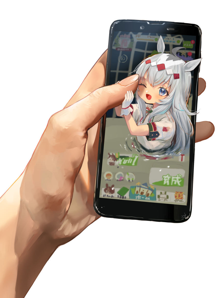 1girl 1other ahoge animal_ears bangs blue_eyes cellphone child commentary_request gloves grey_hair headpiece highres holding holding_phone horse_ears hug ishita_umi long_hair multicolored_hair oguri_cap_(umamusume) one_eye_closed open_mouth out_of_frame phone shirt short_sleeves simple_background smartphone smile through_screen umamusume white_background white_gloves white_shirt