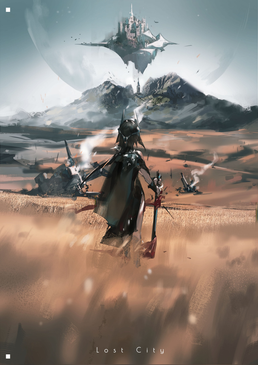 1girl absurdres brown_hair cape clothing_cutout debris english_text field floating_castle from_behind headgear highres holding holding_sword holding_weapon long_hair moon mountain original shoulder_cutout sleeveless smoke solo sword weapon zygocactus