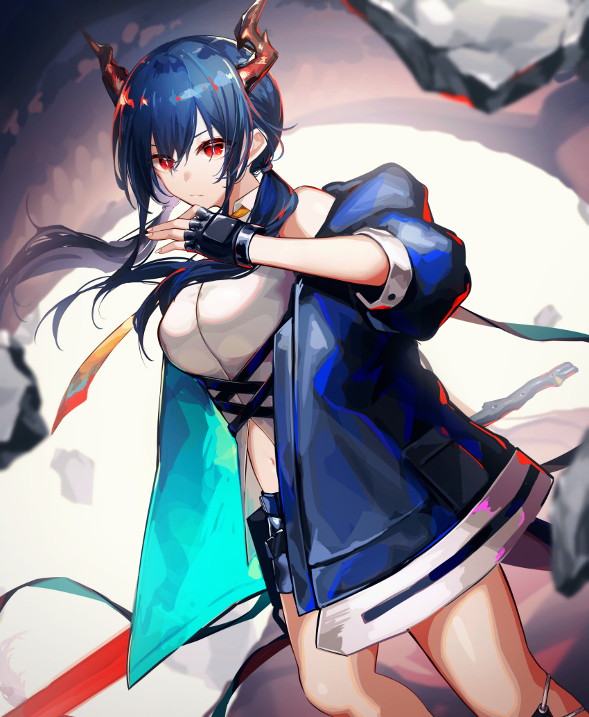 1girl absurdres akqne arknights bangs bare_shoulders black_gloves black_jacket black_shorts blue_hair breasts ch'en_(arknights) chi_xiao_(arknights) dragon_girl dragon_horns dragon_tail eyebrows_visible_through_hair fingerless_gloves gloves highres horns jacket long_hair navel necktie off_shoulder open_clothes open_jacket red_eyes shin_guards shirt short_shorts shorts solo tail white_shirt yellow_necktie