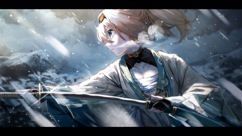 1girl absurdres bangs black_gloves blonde_hair breath chest_sarashi commentary_request eyebrows_visible_through_hair fingerless_gloves gloves haori highres holding holding_sheath holding_sword holding_weapon hololive japanese_clothes katana kazama_iroha long_sleeves looking_away looking_to_the_side outdoors ponytail profile sarashi sheath snowing solo sword unsheathing upper_body virtual_youtuber weapon yu_hydra