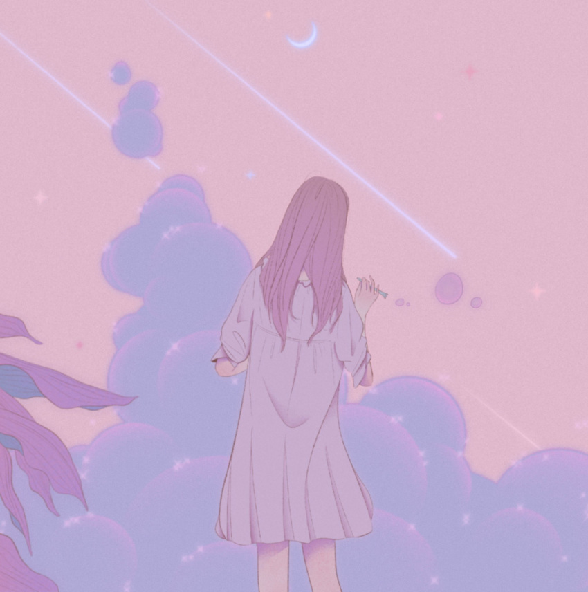 1girl bubble bubble_blowing clouds cloudy_sky crescent_moon dress feet_out_of_frame hand_up highres leaf long_hair moon original pink_theme plant purple_hair rasukusekai shooting_star short_sleeves sky solo white_dress
