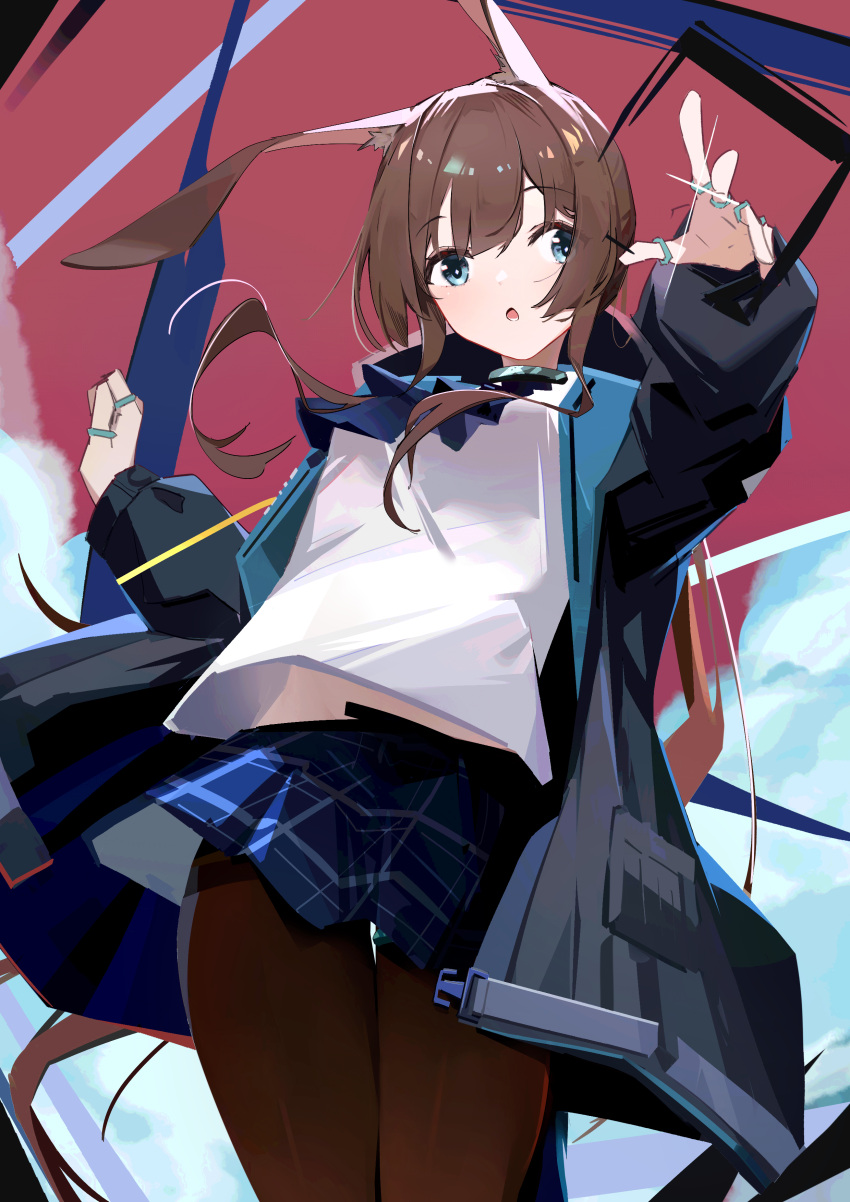 1girl :o absurdres amiya_(arknights) animal_ears arknights ascot bangs blue_ascot blue_eyes blue_skirt breasts brown_legwear chichi_guai coat cowboy_shot eyebrows_visible_through_hair highres jewelry long_hair long_sleeves looking_at_viewer midriff_peek miniskirt multiple_rings open_clothes open_coat open_mouth outstretched_arm pantyhose plaid plaid_skirt ponytail rabbit_ears ring shirt skirt small_breasts solo thigh_gap thighband_pantyhose very_long_hair white_shirt