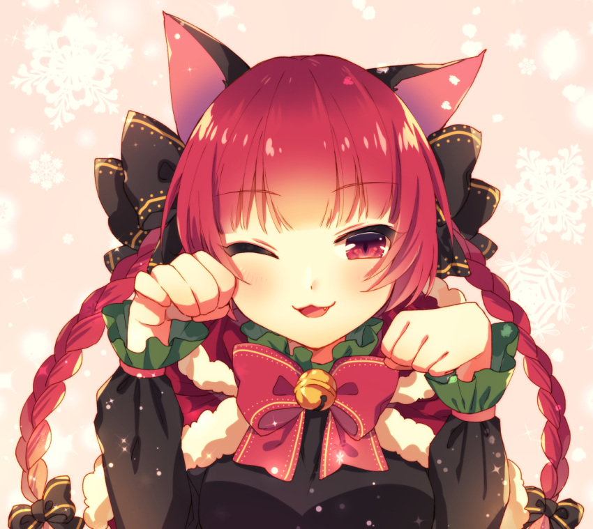 1girl :3 ;d animal_ears arms_up bangs bell black_bow black_ribbon blush bow braid capelet cat_ears commentary_request eyebrows_visible_through_hair eyelashes fang frilled_sleeves frills fur-trimmed_capelet fur_trim hair_bow hair_ribbon jingle_bell kaenbyou_rin kirisita long_hair long_sleeves looking_at_viewer one-hour_drawing_challenge one_eye_closed open_mouth paw_pose pink_background red_bow red_capelet red_eyes red_neckwear redhead ribbon shiny shiny_hair slit_pupils smile snowflake_background solo sparkle standing touhou twin_braids two_side_up upper_body