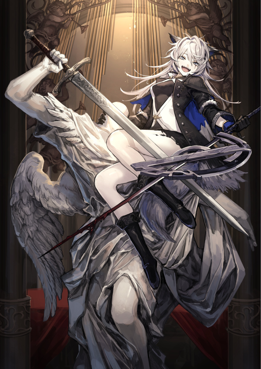 1girl angel_statue animal_ears arknights black_coat black_footwear black_shorts blue_gloves boots breasts buttons cherub church coat commentary crossed_swords english_commentary gloves grey_eyes highres holding holding_sword holding_weapon indoors instrument lappland_(arknights) lappland_(refined_horrormare)_(arknights) long_hair looking_at_viewer medium_breasts mephist open_clothes open_coat open_mouth organ_(instrument) pillar pinstripe_pattern scar scar_across_eye sharp_teeth shirt shorts silver_hair smile solo statue striped sword tail teeth tongue upper_teeth weapon white_shirt wolf_ears wolf_girl wolf_tail