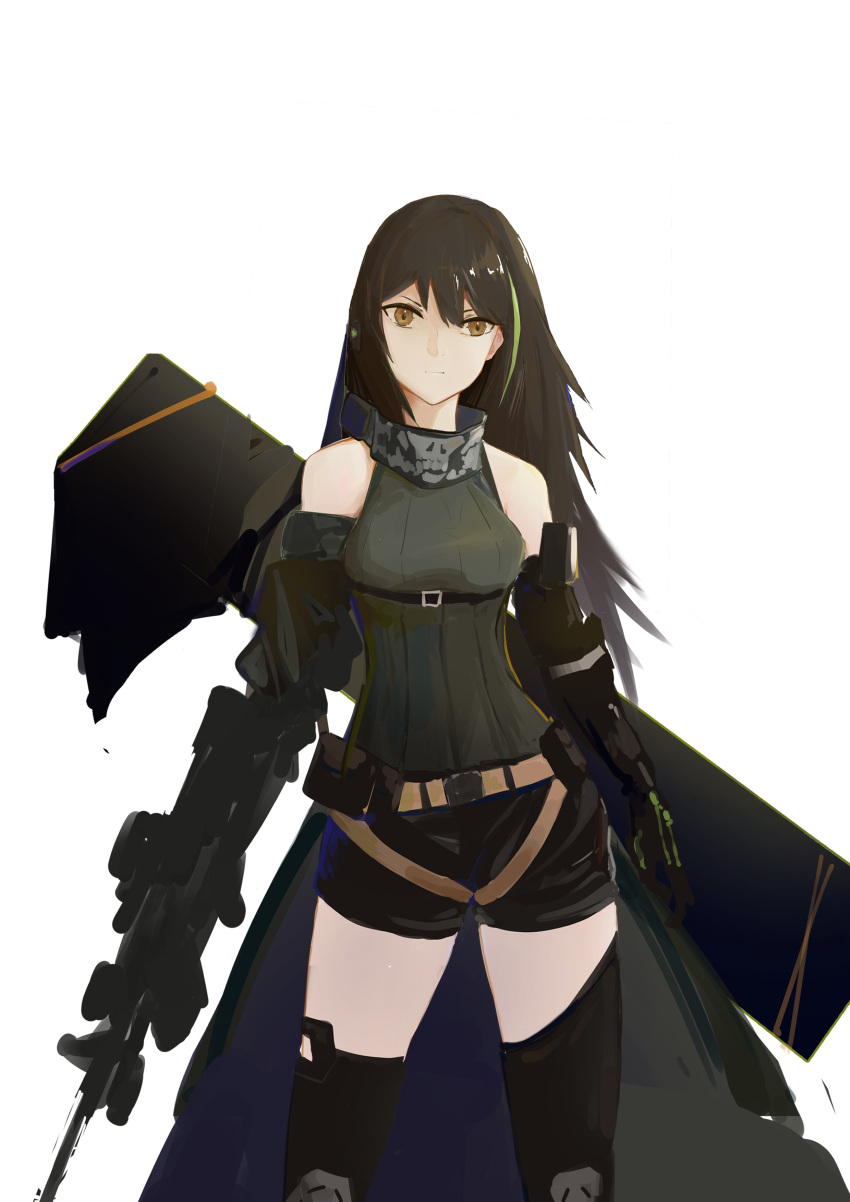 1girl absurdres black_gloves black_shorts breasts brown_eyes brown_hair closed_mouth eyebrows_visible_through_hair feet_out_of_frame girls_frontline gloves green_shirt grey_background hand_on_back hand_on_breast highres long_hair looking_at_viewer m4a1_(girls_frontline) medium_breasts multicolored_hair navel nnnnowl open_clothes open_shorts shirt shorts solo