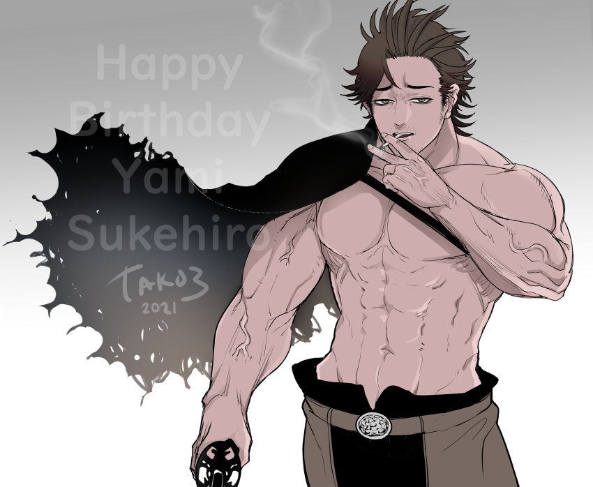 abs belt_buckle black_clover buckle cigarette floating_cape highres looking_at_viewer muscular muscular_male smoking sword_hilt tako3 topless_male veiny_arms yami_sukehiro