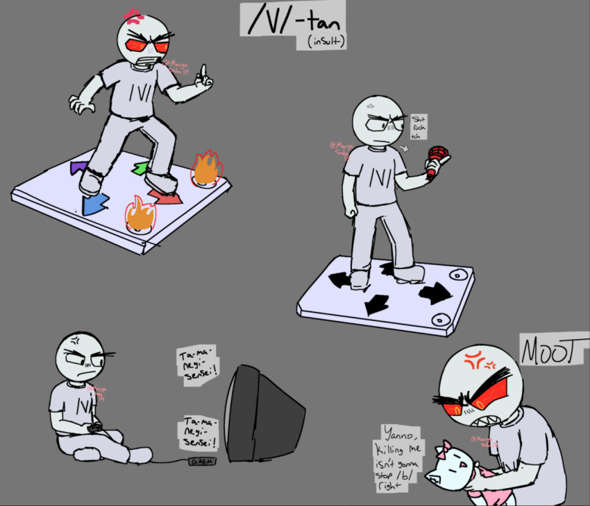 /v/ /v/-tan 1boy 4chan angry dance_dance_revolution dance_pad english_commentary english_text friday_night_funkin' friday_night_funkin'_vs_/v/-tan grey_background holding male_focus mangosoda114-art microphone playing_games shirt simple_background sitting solo standing television