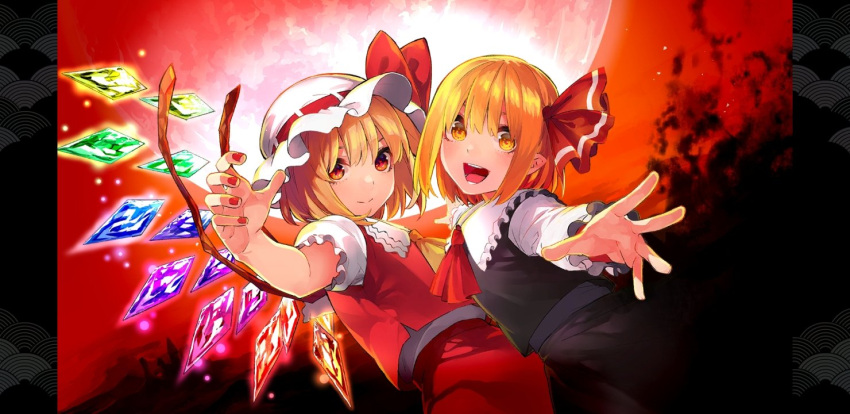 2girls :d ascot bangs banned_artist black_vest blonde_hair blush bow crystal darkness flandre_scarlet frilled_shirt_collar frills hair_bow happy hat hat_bow hat_ribbon letterboxed long_sleeves looking_at_viewer lower_teeth mob_cap moon multiple_girls nail_polish night open_mouth outstretched_arm puffy_short_sleeves puffy_sleeves rainbow_order red_bow red_eyes red_moon red_nails red_ribbon red_skirt red_vest ribbon rumia shiny shiny_hair shirt short_hair short_sleeves skirt smile standing teeth tongue touhou upper_body upper_teeth vest white_headwear white_shirt wings yellow_ascot yellow_eyes yuge_mugito