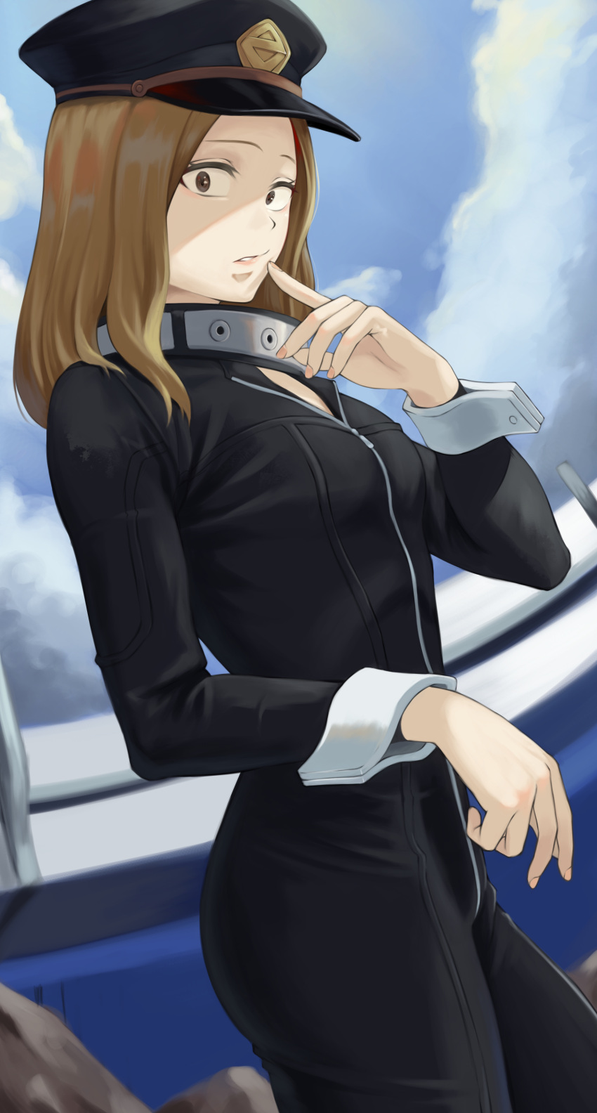1girl absurdres black_bodysuit black_headwear blue_sky bodysuit boku_no_hero_academia brown_eyes brown_hair clouds cowboy_shot day fengling_(furin-jp) from_side hat highres long_hair long_sleeves looking_at_viewer outdoors parted_lips shiny shiny_hair sky solo standing straight_hair utsushimi_kemii