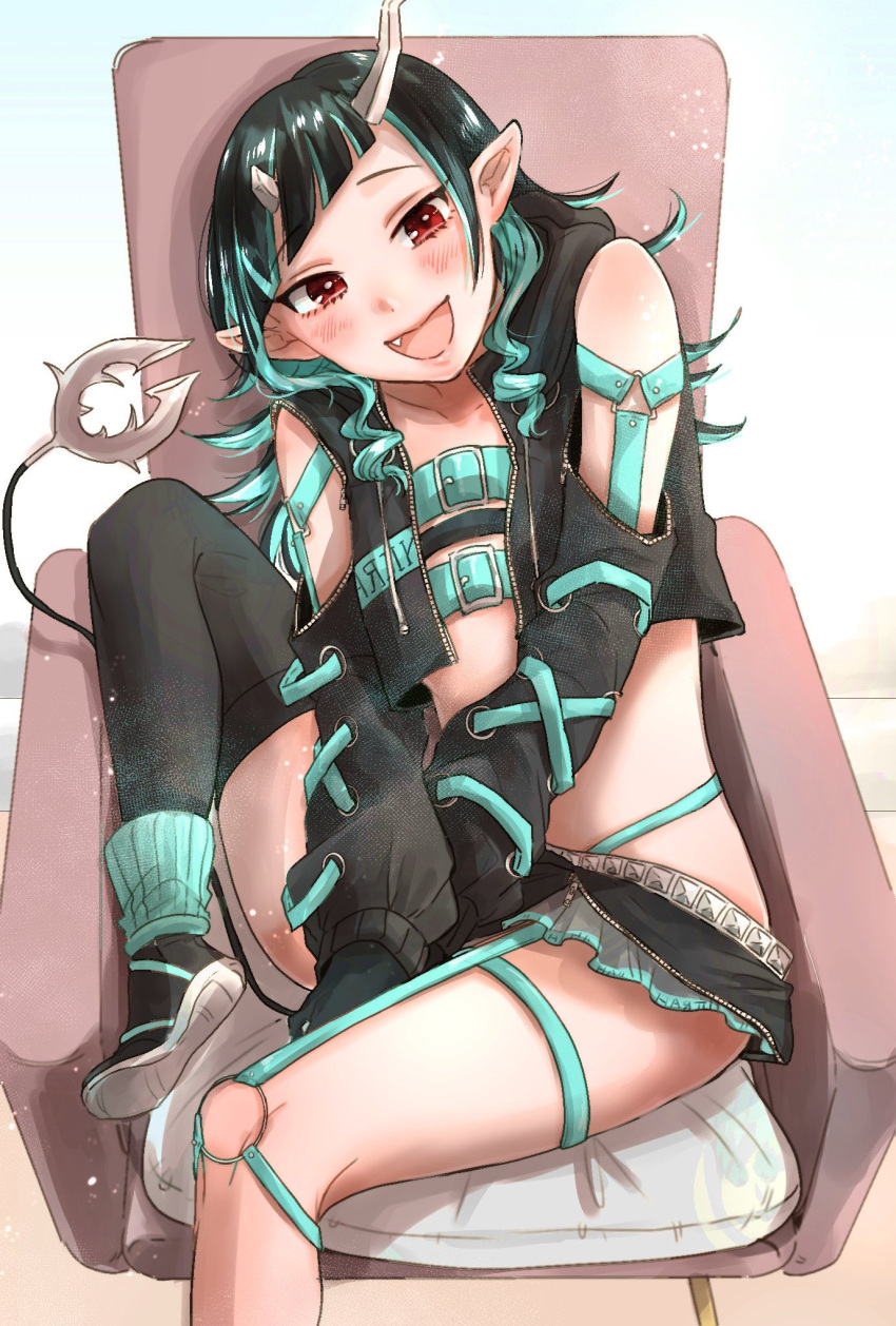 1girl armchair ayu_(sweetfish_man) bangs belt beltbra black_footwear black_gloves black_hair black_jacket black_legwear black_skirt blue_belt blue_hair blue_legwear blue_panties blush chair chest_belt clothing_cutout commentary_request cropped_jacket cross-laced_sleeves demon_girl demon_horns demon_tail fang flat_chest foot_out_of_frame gloves grey_skirt highleg highleg_panties highres horns jacket leg_up long_hair long_sleeves looking_at_viewer multicolored_hair open_clothes open_jacket open_mouth panties pointy_ears red_eyes shishio_chris shoes shoulder_cutout single_thighhigh sitting skirt smile sneakers socks solo sugar_lyric tail thigh-highs two-tone_hair underwear virtual_youtuber white_background zipper zipper_skirt