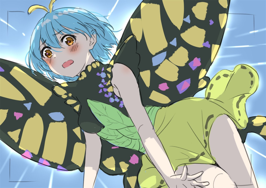 1girl antennae aqua_hair bad_anatomy bad_hands blush butterfly_wings dress eternity_larva eyebrows_visible_through_hair fairy green_dress hair_between_eyes multicolored_clothes multicolored_dress one-hour_drawing_challenge open_mouth orange_eyes short_hair single_strap solo touhou tsukiman wings