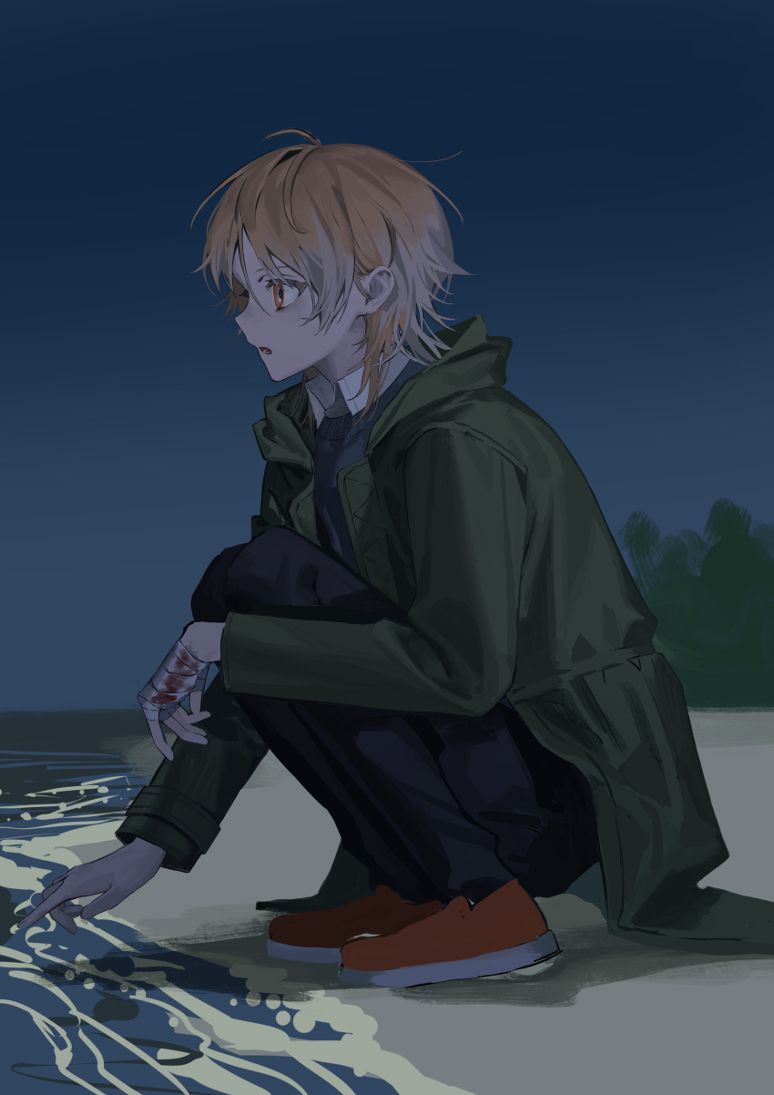 1boy absurdres bandaged_hand bandages beach black_pants blood blood_on_bandages brown_hair coat commentary_request full_body green_coat highres long_sleeves male_focus night night_sky orange_eyes orange_footwear original outdoors pants parted_lips photoshop_(medium) shoes short_hair sky solo squatting torino_kawazu water