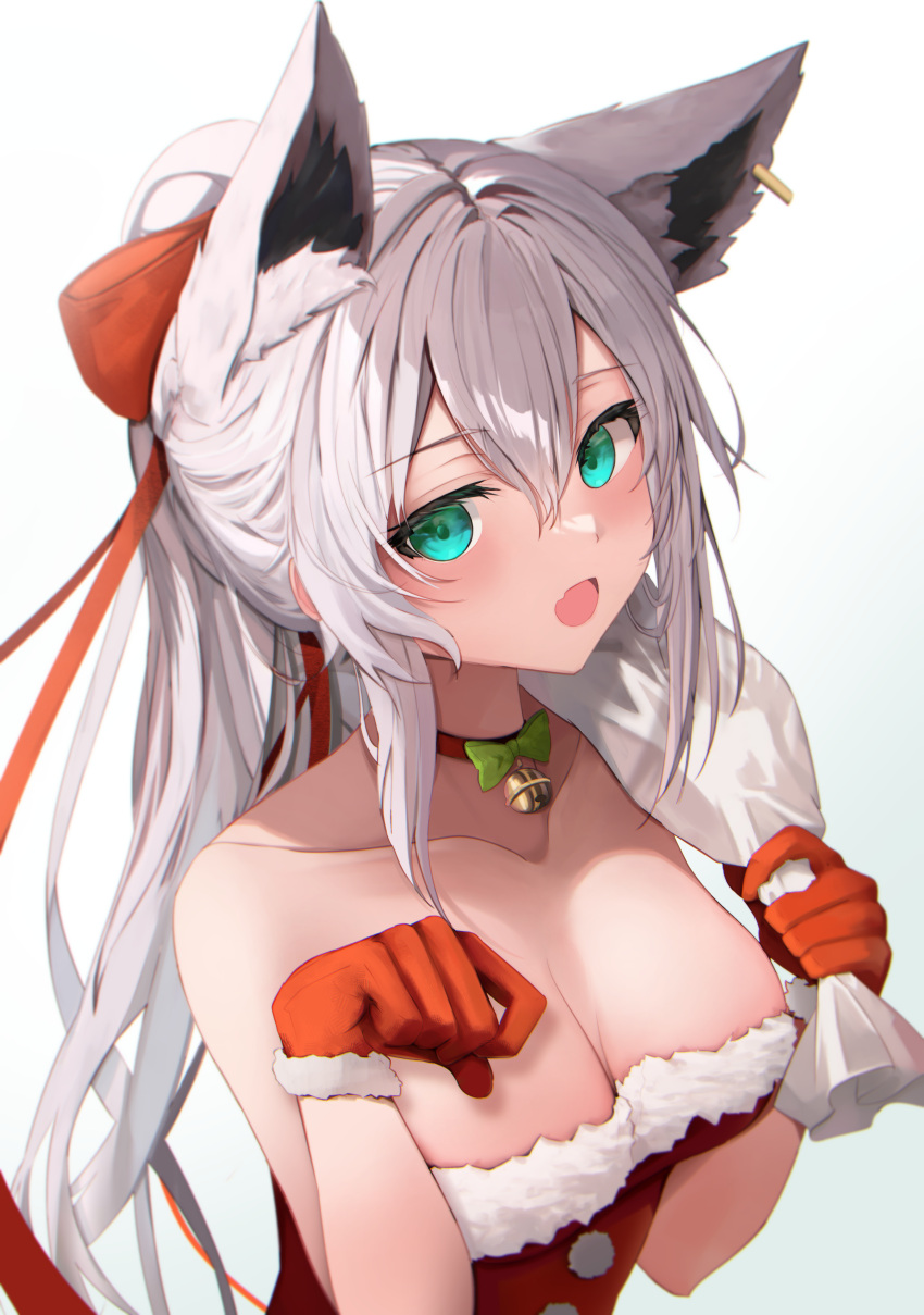 1girl :o absurdres animal_ears aqua_eyes bare_arms bare_shoulders bell bow bowtie choker collarbone dress extra_ears fox_ears fur_trim gloves hands_up highres holding hololive jingle_bell kejirion long_hair looking_at_viewer open_mouth ponytail red_choker red_dress red_gloves sack santa_costume shirakami_fubuki sidelocks simple_background solo strapless strapless_dress upper_body virtual_youtuber white_background white_hair
