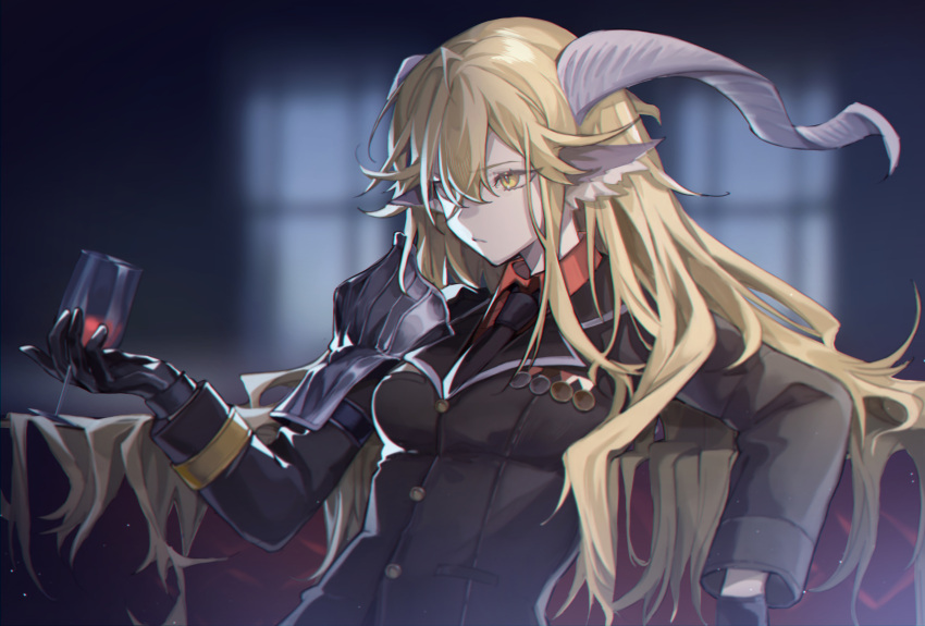 1girl absurdres animal_ears arknights badge bangs black_gloves black_jacket black_necktie blonde_hair breasts commentary cup cupping_glass degenbrecher_(arknights) gloves hair_between_eyes highres holding holding_cup horns jacket long_hair long_sleeves necktie small_breasts solo tokinhr upper_body yellow_eyes