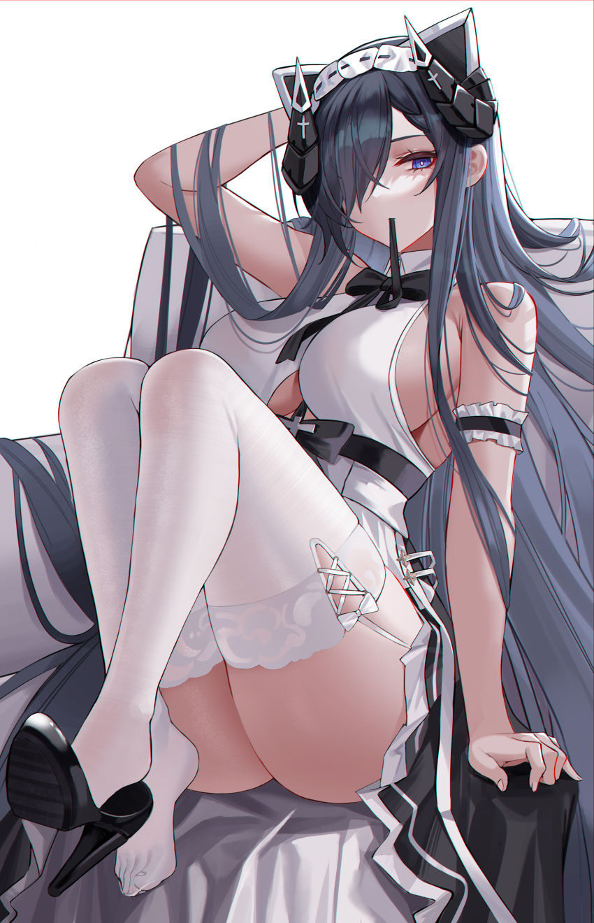 1girl absurdres animal_ears arm_behind_head arm_garter arm_up august_von_parseval_(azur_lane) azur_lane bangs bare_arms bare_shoulders black_bow black_bowtie black_footwear black_hair black_skirt bow bowtie breasts collared_shirt commentary eternity_(shadeh) feet full_body hair_over_one_eye high_heels highres horns knees_up large_breasts long_hair looking_at_viewer mechanical_horns mouth_hold ribbon ribbon_in_mouth shirt shoe_dangle shoes sideboob single_shoe sitting skirt sleeveless sleeveless_shirt solo thigh-highs very_long_hair violet_eyes white_background white_legwear white_shirt