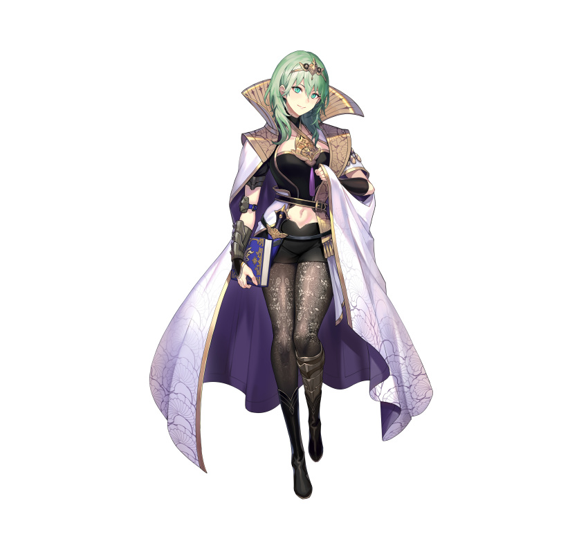 1girl absurdres arm_guards armor bangs belt black_footwear book boots byleth_(fire_emblem) byleth_eisner_(female) cape closed_mouth commentary_request dagger fingernails fire_emblem fire_emblem:_three_houses fire_emblem_heroes full_body gold_trim green_eyes green_hair highres holding holding_book jewelry kakage knee_boots knife lips looking_at_viewer midriff navel official_art pantyhose shiny shiny_clothes short_hair short_sleeves shorts simple_background smile solo standing stomach tiara weapon