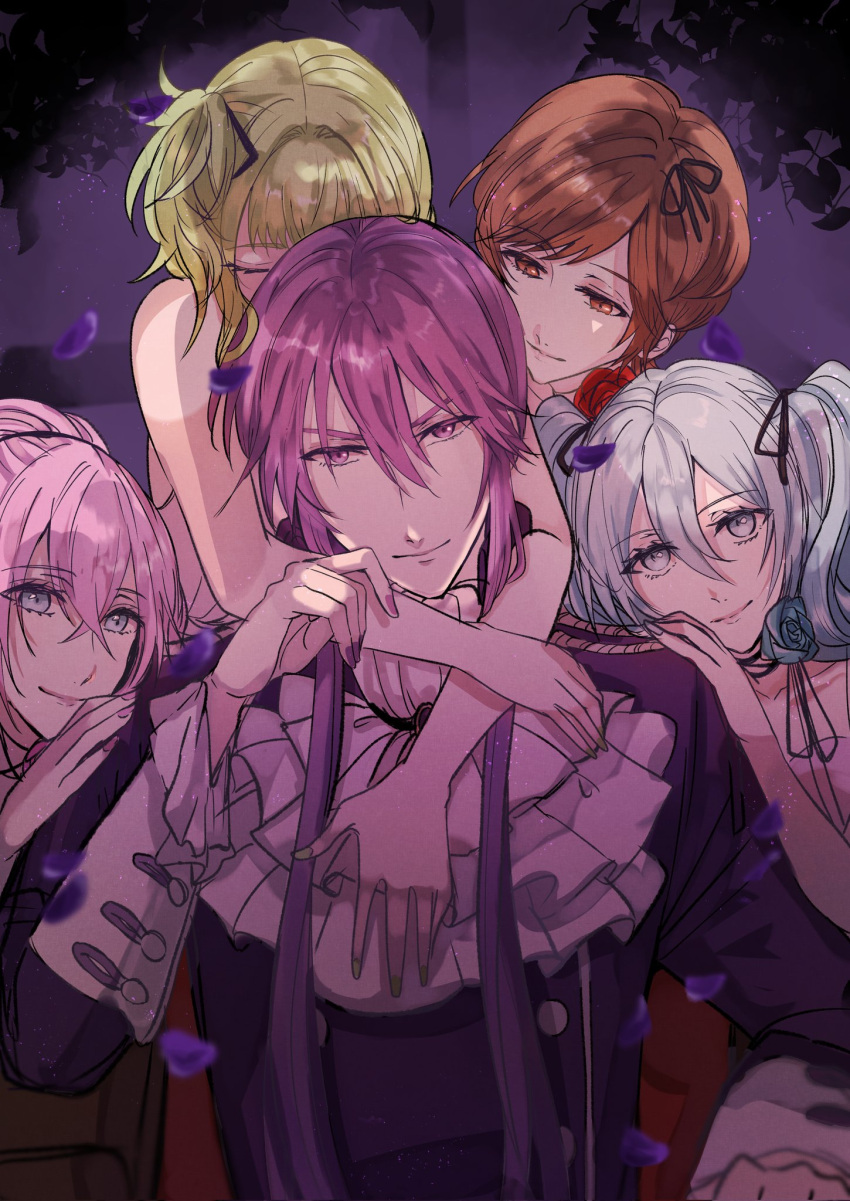 1boy 4girls aqua_eyes aqua_hair aqua_nails aqua_rose arms_around_neck ascot bare_arms bare_shoulders brown_eyes brown_hair cheek_rest choker closed_eyes collarbone evillious_nendaiki flower flower_choker green_hair green_nails gumi gumina_glassred hair_ribbon harem hatsune_miku highres hug hug_from_behind jacket kamui_gakupo leaning_on_person long_hair looking_at_another looking_at_viewer lukana_octo maylis_beelzenia megurine_luka meiko mikulia_calgaround multiple_girls petals pink_hair pink_nails purple_hair purple_jacket red_flower red_rose ribbon rose short_hair side_ponytail twintails venomania_kou_no_kyouki_(vocaloid) violet_eyes vocaloid warabi_(danngo-mitarasi) wavy_hair