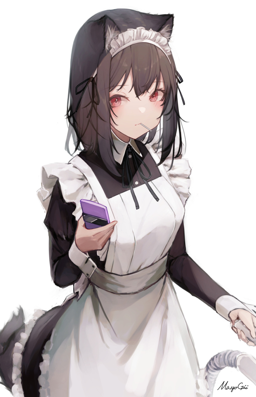 1girl animal_ear_fluff animal_ears apron bangs black_dress black_ribbon brown_hair cellphone closed_mouth collared_dress commentary_request dress frilled_apron frills hair_between_eyes highres holding holding_phone juliet_sleeves long_sleeves looking_at_viewer maid maid_apron maid_headdress mayogii mouth_hold neck_ribbon original phone puffy_sleeves red_eyes ribbon signature simple_background solo tail vacuum_cleaner white_apron white_background