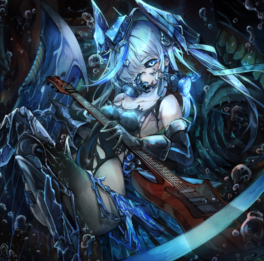 1girl abyssal_ship black_gloves black_sclera black_swimsuit blue_eyes blue_headwear breasts colored_sclera competition_swimsuit electric_guitar garrison_cap gloves grey_hair guitar hair_ornament hair_ribbon hat highres holding holding_instrument instrument kajaneko kantai_collection long_hair mask mouth_mask one-piece_swimsuit pale_skin ribbon side_ponytail small_breasts star_(symbol) star_hair_ornament submarine_shark_water_oni swimsuit torn_clothes torn_mask torn_swimsuit