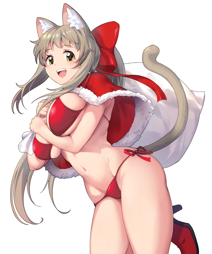 1girl :d absurdres animal_ears arukiru bikini bow breasts brown_eyes brown_hair capelet cat_ears cat_girl cat_tail christmas commentary_request hair_bow highres large_breasts long_hair looking_at_viewer navel original ponytail red_bikini red_bow red_capelet red_footwear shoes side-tie_bikini simple_background smile swimsuit tail teeth thighs upper_teeth white_background