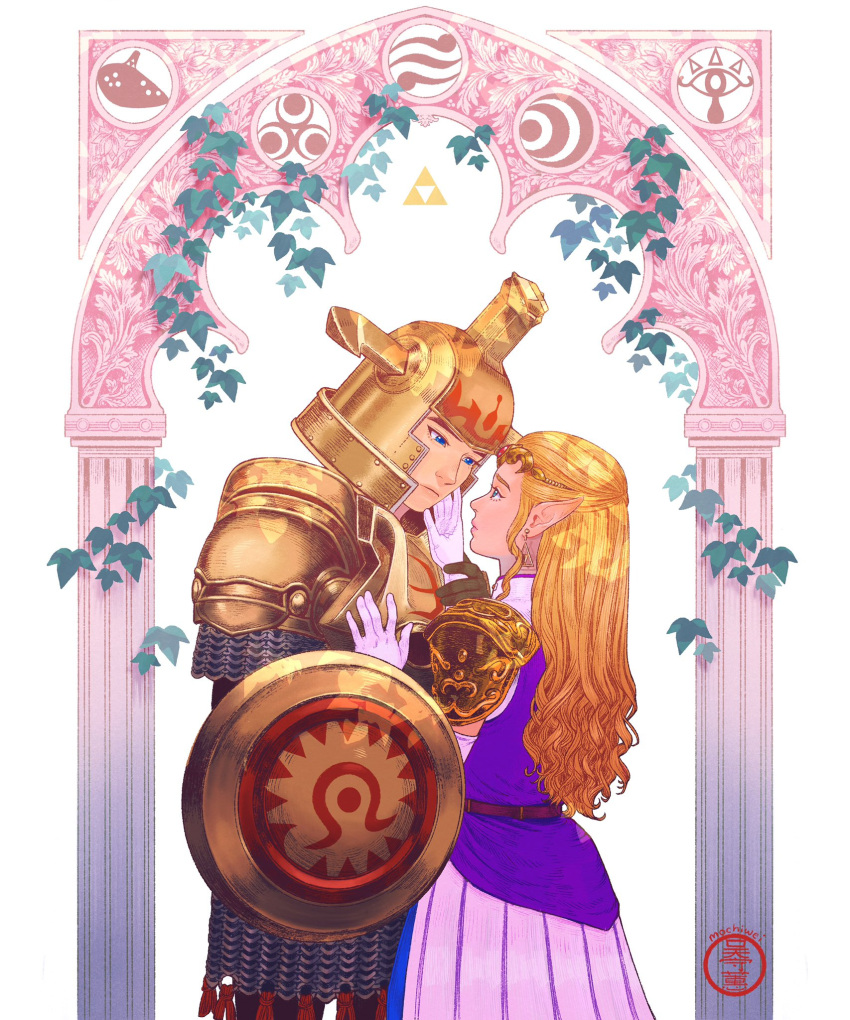 1boy 1girl armor blonde_hair blue_eyes dress hand_on_another's_chest hand_on_another's_face helmet highres link looking_at_another mochiwei pillar pink_dress pointy_ears princess_zelda shield shoulder_armor the_legend_of_zelda the_legend_of_zelda:_ocarina_of_time the_legend_of_zelda:_twilight_princess tiara triforce