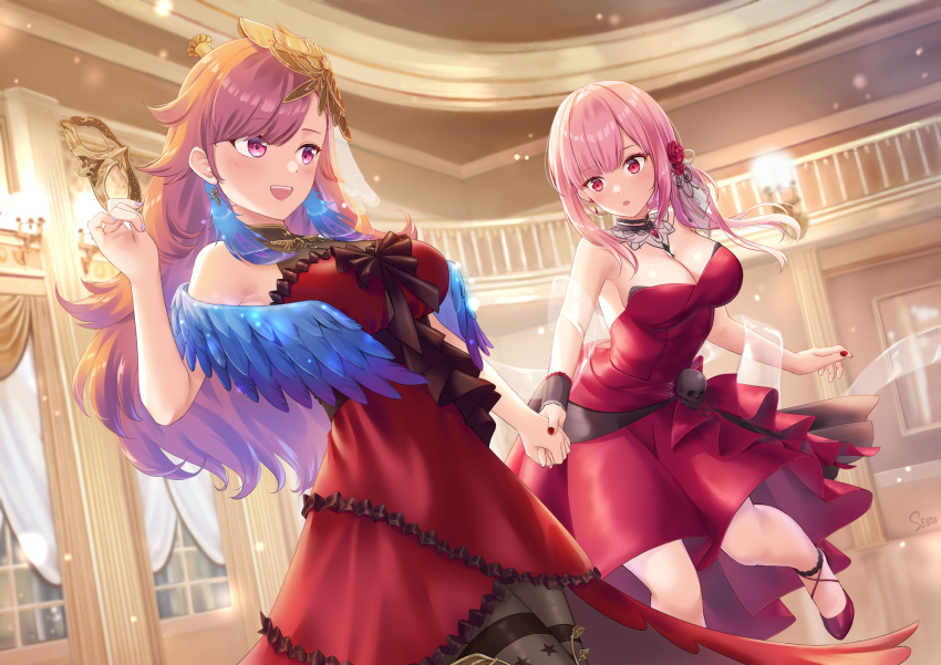 2girls bangs blush dress earrings eyebrows_visible_through_hair feather_earrings feathers gradient_hair highres holding_hands hololive hololive_english jewelry long_hair mori_calliope multicolored_hair multiple_girls official_alternate_costume orange_hair pink_hair red_dress red_eyes sebu_illust sleeveless sleeveless_dress smile strapless strapless_dress takanashi_kiara violet_eyes virtual_youtuber yuri