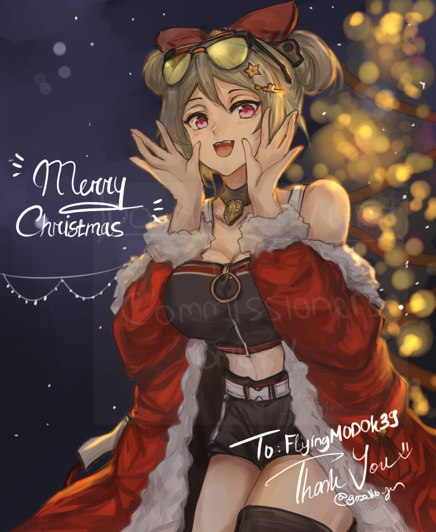 1girl bare_shoulders blush bow breasts choker christmas christmas_tree collarbone commission double_bun eyewear_on_head gazelle_jun girls_frontline hair_bow highres large_breasts light_brown_hair navel open_mouth p90_(girls'_frontline) p90_(scarlet_turbo)_(girls'_frontline) red_eyes short_hair shorts smile solo sunglasses thigh-highs