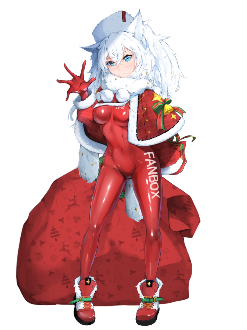 1girl animal_ears bad_hands blue_eyes blush bodysuit breasts capelet cat_ears christmas fur-trimmed_capelet fur_hat fur_trim gift hat highres holding holding_gift impossible_bodysuit impossible_clothes incoming_gift looking_at_viewer original red_bodysuit red_capelet sack santa_hat scarf short_hair skin_tight smile solo sonaworld ushanka white_hair
